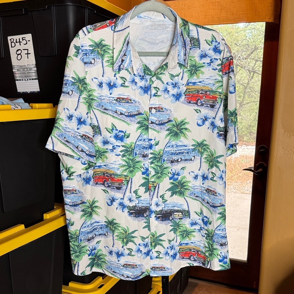 NWOT Tropical Print Men's Shirt Plumeria Vintage Cars Size XXL